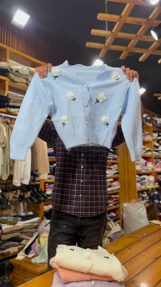 Floral Embroidered Knit Cardigans 🌸🧶 With Pearl Buttons – Purple, Blue & Pink Variants