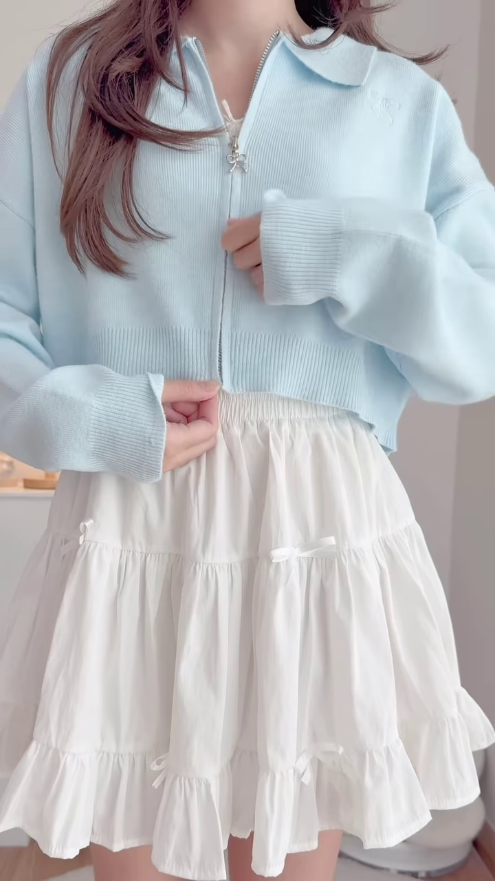 Pastel Knitwear Collection 🧶🎀 With Bow Buttons, Zip Charm & Ribbed Texture – Purple, Blue & Pink Variants