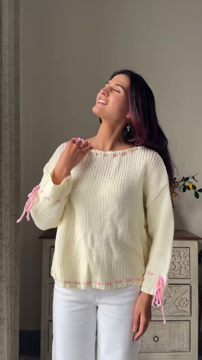 Heart & Ribbon Knitwear Collection 🧶💗 With Embroidery & Bow Accents – Pink & Cream Variants