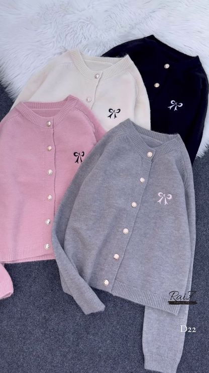 Bow-Embroidered Pearl Button Cardigans 🧥🎀 – Soft Knit Layers in Cream, Black, Pink & Gray Variants