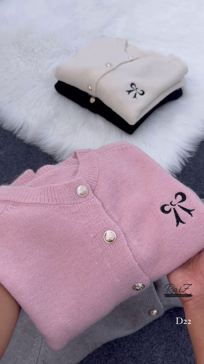 Bow-Embroidered Pearl Button Cardigans 🧥🎀 – Soft Knit Layers in Cream, Black, Pink & Gray Variants