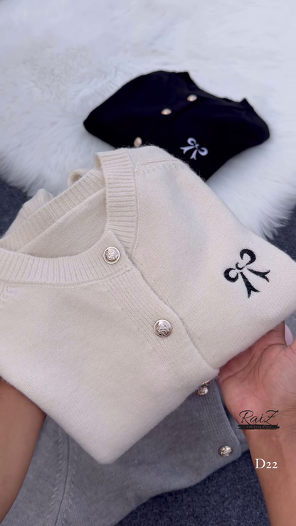 Bow-Embroidered Pearl Button Cardigans 🧥🎀 – Soft Knit Layers in Cream, Black, Pink & Gray Variants