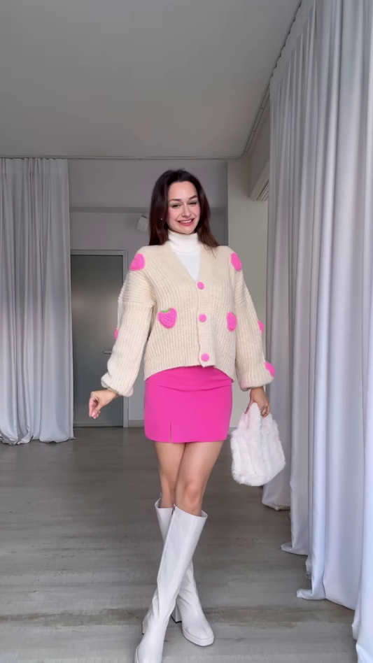 Strawberry-Patch Knit Cardigan 🍓🧥 with Pink Buttons – Styled with Turtleneck, Mini Skirt & Boots