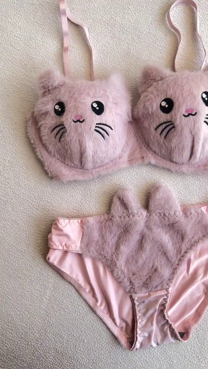 Furry Cat-Face Bras 🐱💗 – Plush Lingerie Tops in Pink, White & Red Variants with Embroidered Details