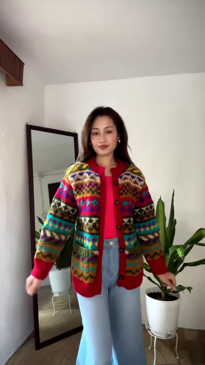 Multicolor Patterned Knit Cardigan 🧥🌈 – Styled Over Red Top & Light Blue Jeans