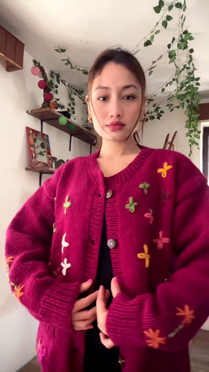 Floral Embroidered Knit Cardigan 🌿🧥 – Dark Green Layer Styled with Black Pants & Brown Boots