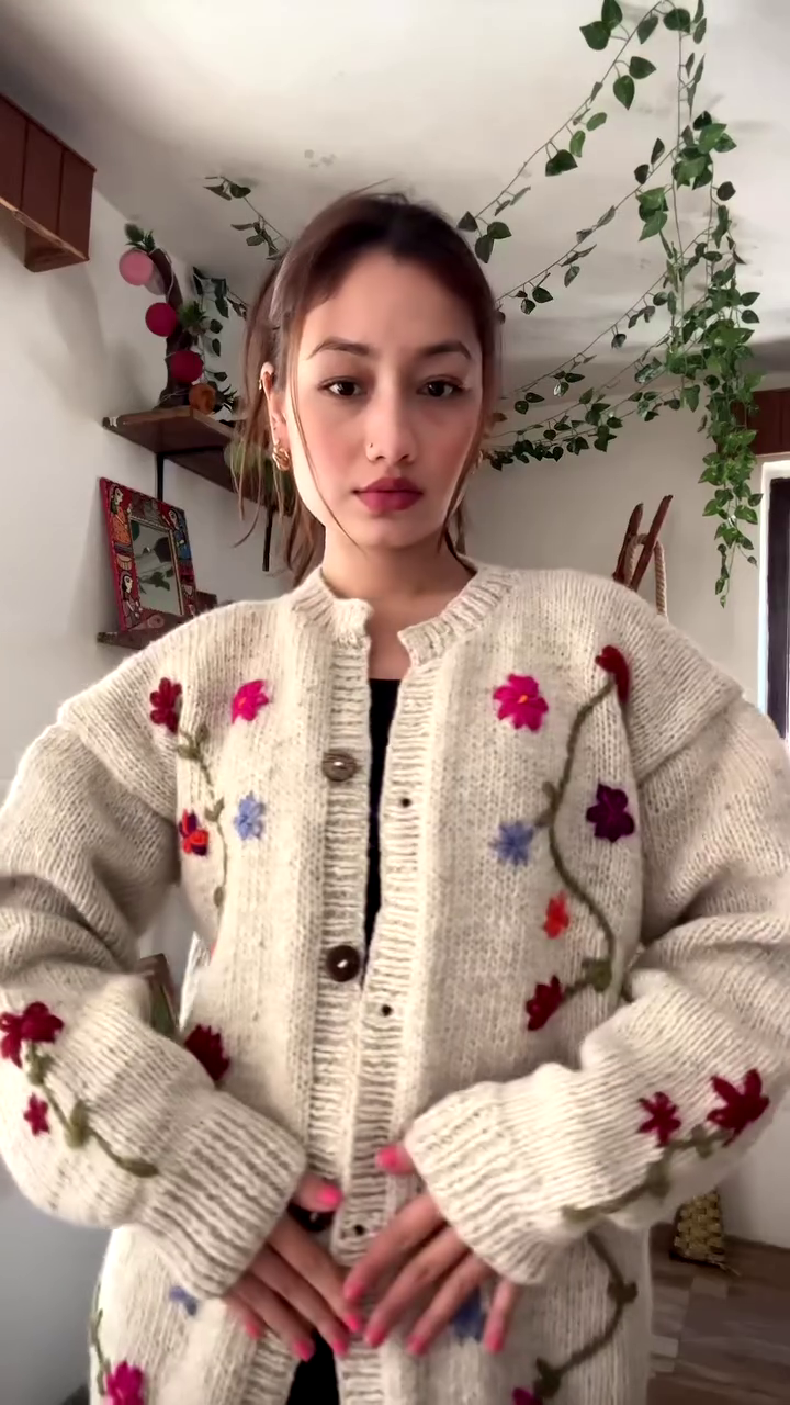 Floral Embroidered Knit Cardigan 🌿🧥 – Dark Green Layer Styled with Black Pants & Brown Boots