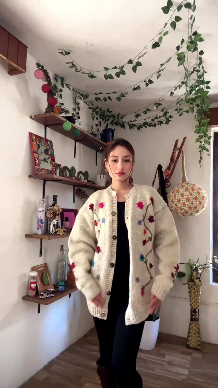 Floral Embroidered Knit Cardigan 🌿🧥 – Dark Green Layer Styled with Black Pants & Brown Boots