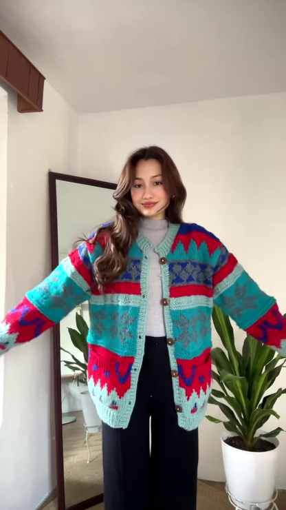 Multicolor Patterned Cardigan 🧥🍂 – Bold Knit Layer in Blue, Red & Teal with Seasonal Styling
