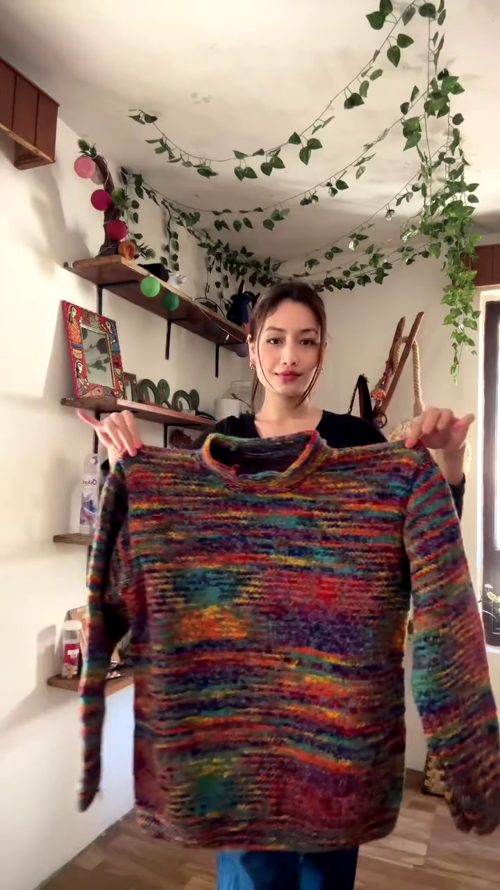 Handmade Multicolor Textured Knit Sweater 🌈🧶 – Cozy Rainbow Layer Styled in Decor-Rich Setting