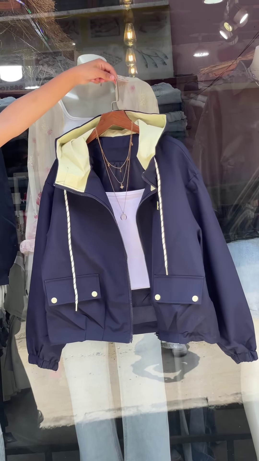 Contrast-Hood Zip-Up Jackets 🧥🎨 – Navy, Red & White Variants with Layered Styling