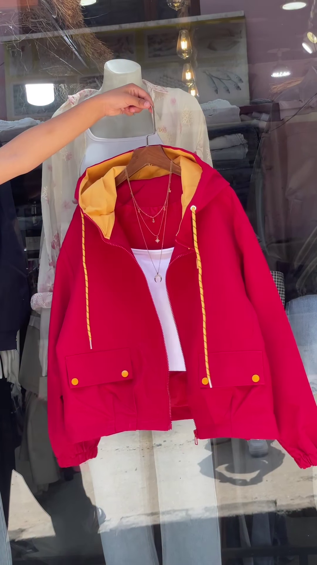 Contrast-Hood Zip-Up Jackets 🧥🎨 – Navy, Red & White Variants with Layered Styling