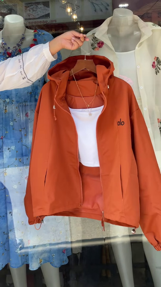 Boutique Hooded Zip-Up Jackets 🧥🌸 – Orange, White & Purple Variants with Layered Styling