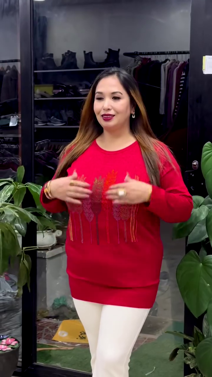 Feather-Embroidered Knit Sweaters 🪶🧥 – Black, Navy & Red Variants with Colorful Vertical Motifs