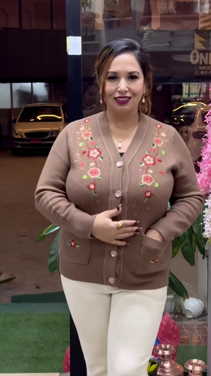 Floral Embroidered Knit Cardigans 🌸🧥 – Beige, Maroon & Purple Variants with Button-Up Front & Pocket Detailing