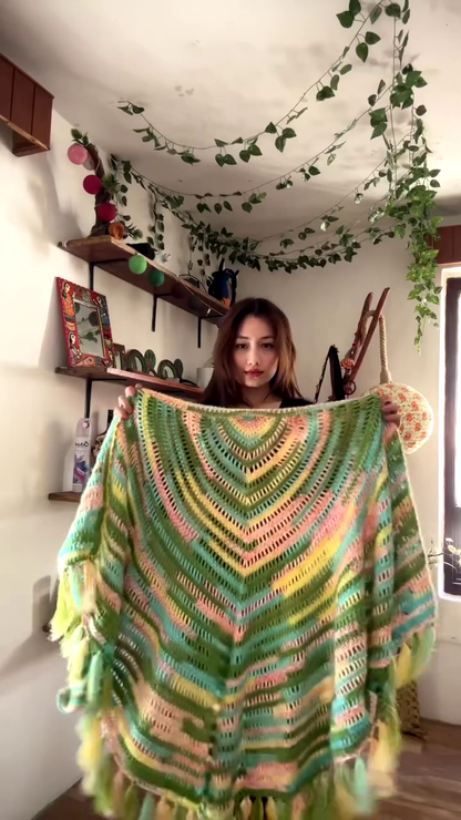 Multicolor Crocheted Shawl with Fringe Detailing 🧶🌈 – Boho Knit Layer Styled Over Black Top