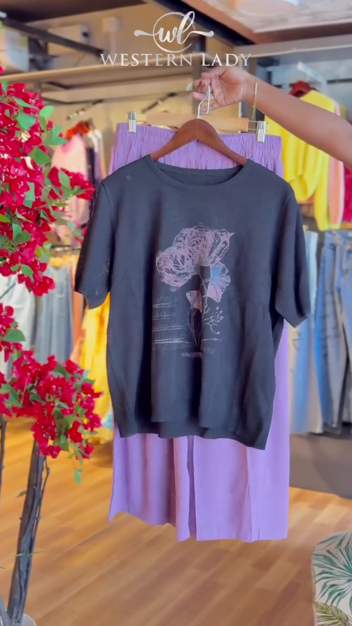 Floral Noir Tee & Lavender Pleat Skirt