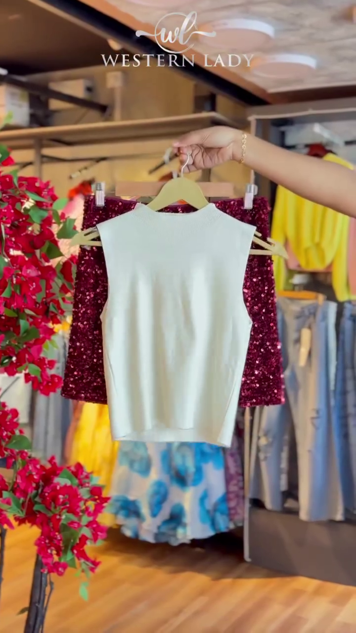 Ivory Knit Tank & Garnet Sequin Blouse Duo