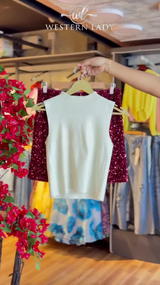 Ivory Knit Tank & Garnet Sequin Blouse Duo