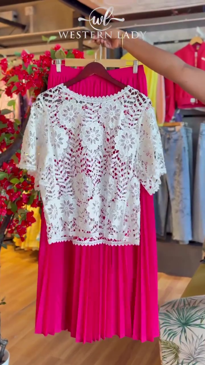 Lace Bloom Top & Fuchsia Pleat Skirt