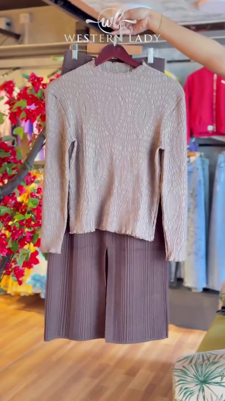 Sandstone Embossed Top & Taupe Pleated Culottes