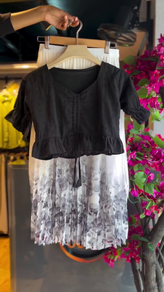 Midnight Ruffle Blouse & Grey Bloom Skir