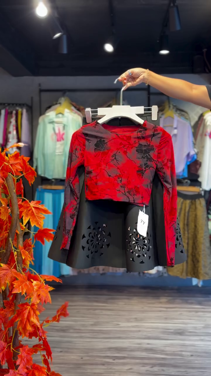 Crimson Bloom Crop & Noir Cutwork Skirt