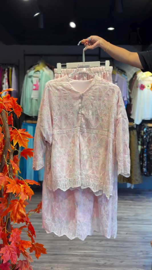 Rose Dust Embroidered Co-ord with Scalloped Lace Trim