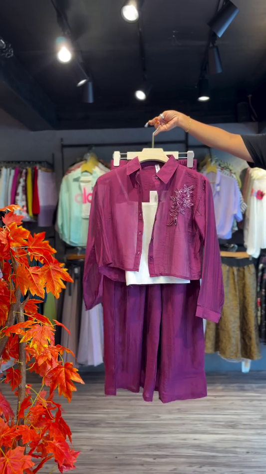 Plum Bloom Shirt & Wide-Leg Pants in Deep Magenta