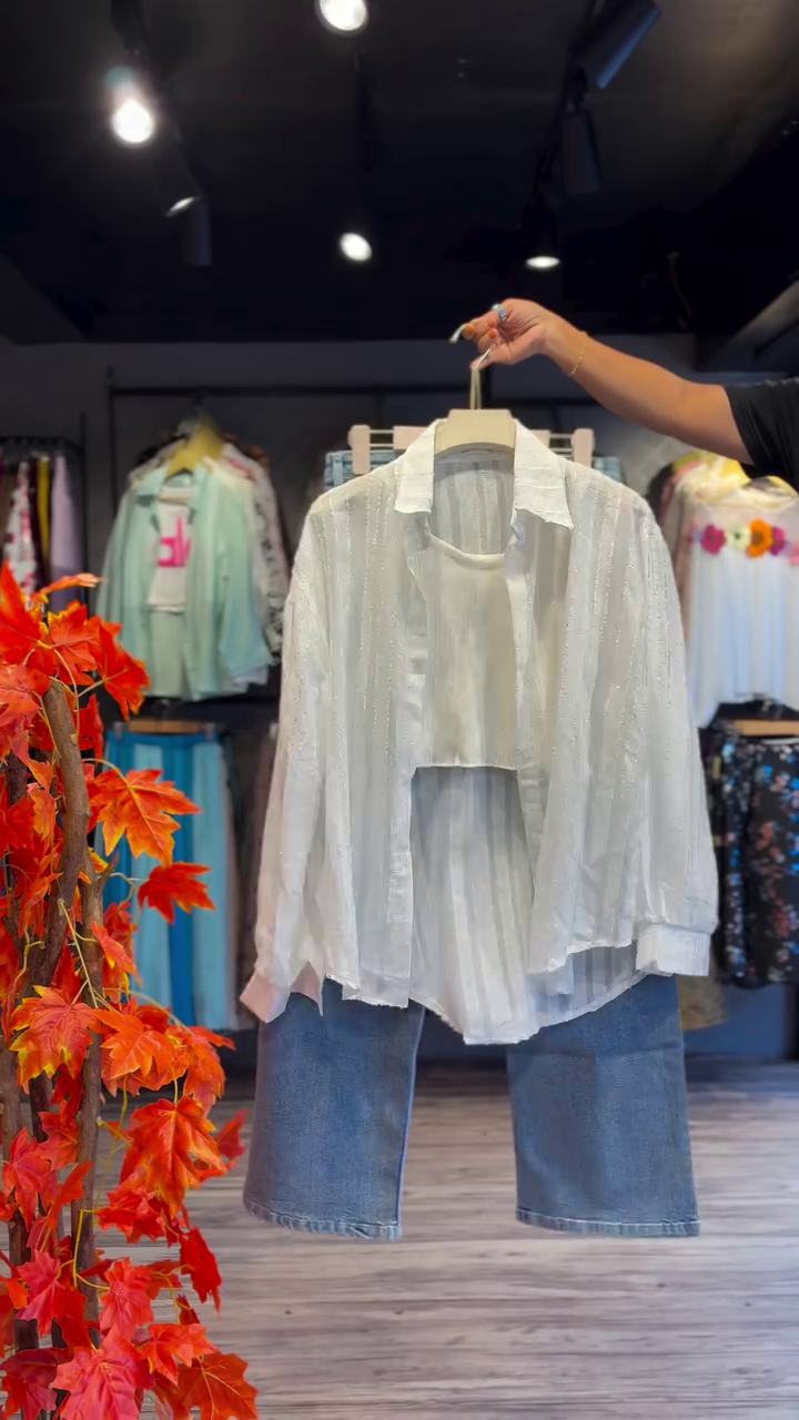 Sheer White Shirt with Crop Layer & Denim Bermudas