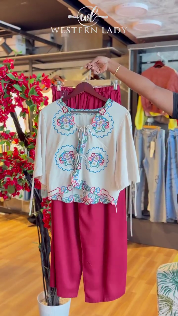 Embroidered Scallop Top in White & Maroon Pants