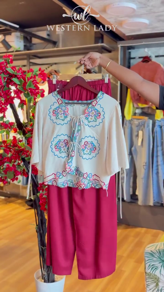 Embroidered Scallop Top in White & Maroon Pants
