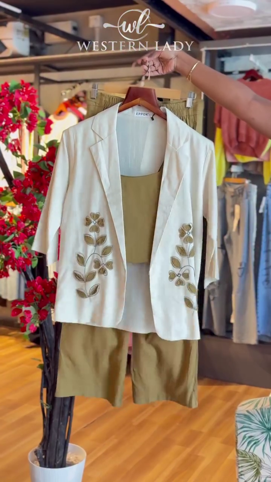 Olive Bloom Blazer Set with Embroidered Accents