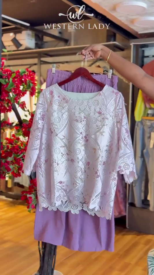 Lace Bloom Top in White & Lavender Skirt