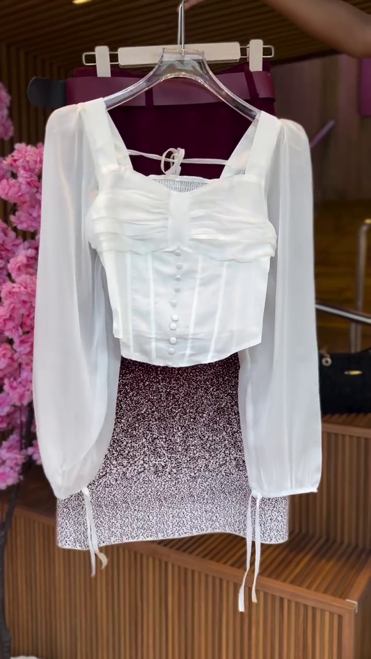 Ruched Sheer Blouse in Ivory & Gradient Speckle Skirt