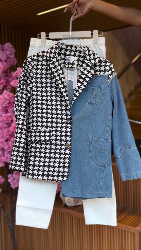Hybrid Contrast Jacket in Houndstooth & Denim with White Pants