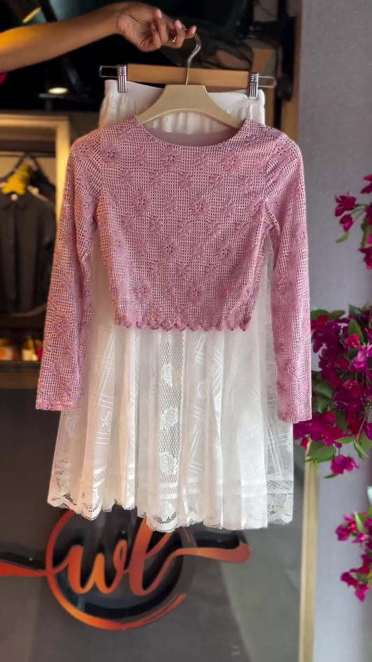 Crochet Lace Top in Rose & Embroidered Sheer Skirt in White