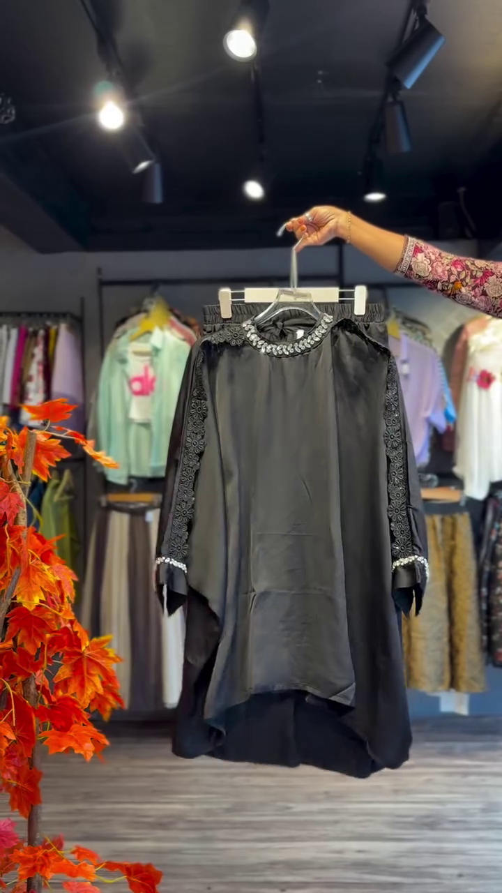 Embroidered Black Dress with Pearl Cuff Detail