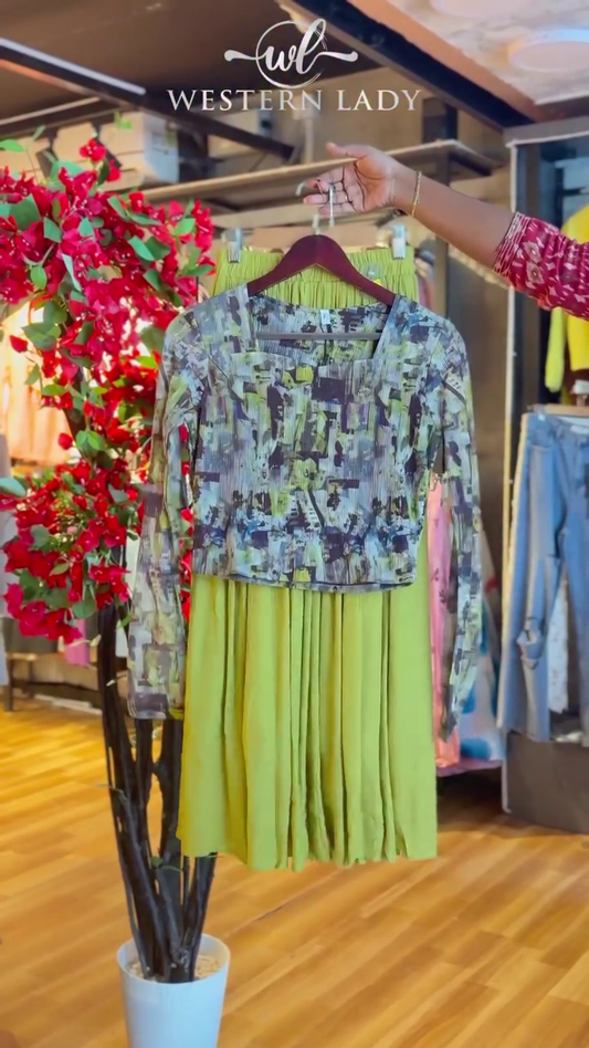Abstract Print Top in Ochre & Pleated Skirt in Lime