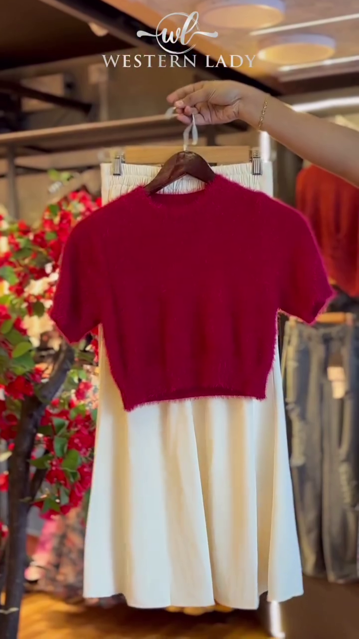 Fuzzy Crop Top in Crimson & Pleated Skirt in Cream