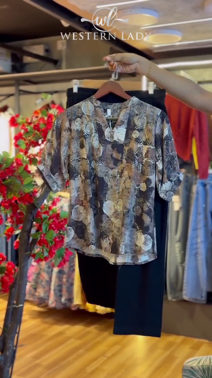 Abstract Print Blouse in Earth Tones & Black Straight Pants