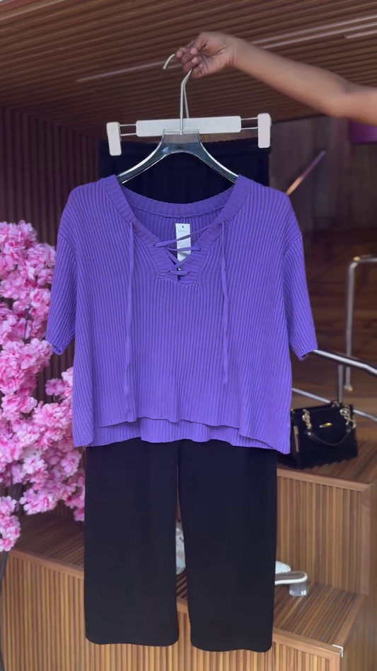 Lace-Up Ribbed Top in Violet & Black Pants