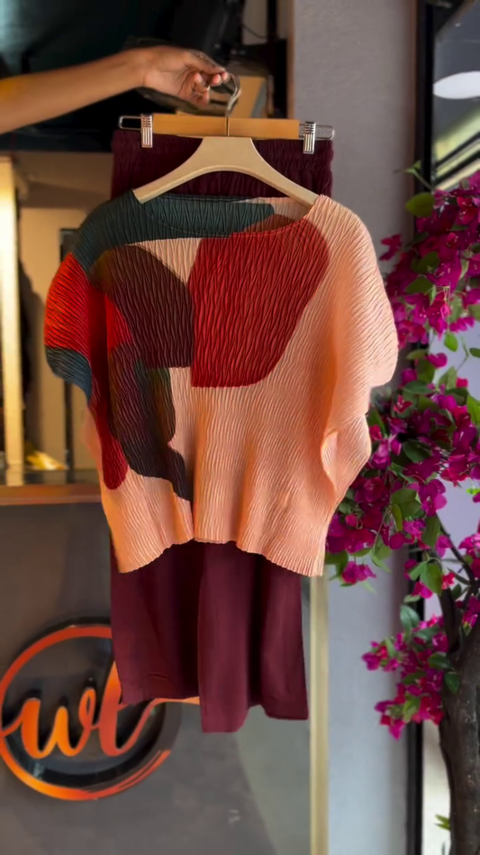 Pleated Abstract Top in Ember Mix & Burgundy Bottom