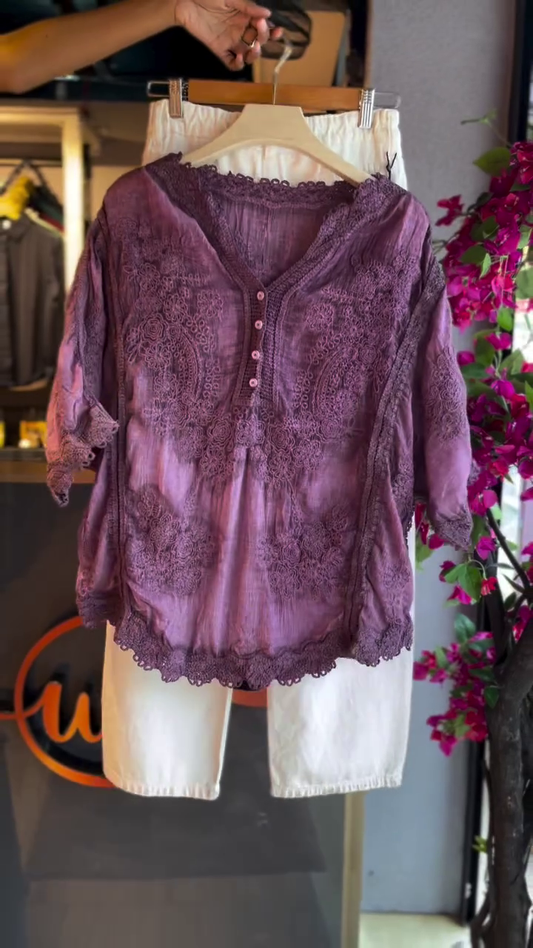 Embroidered Blouse in Orchid & White Shorts