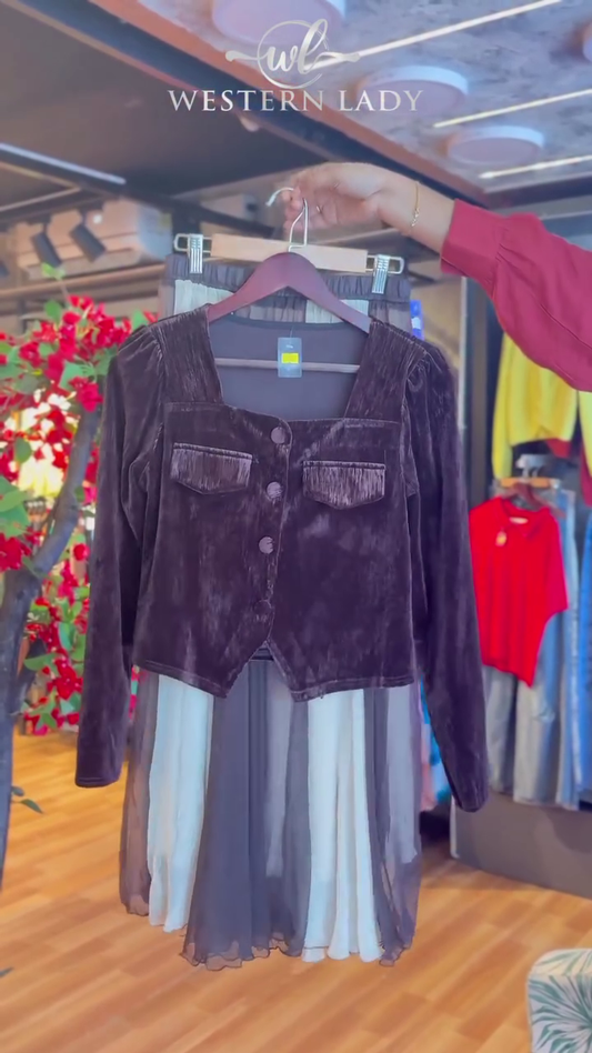Velvet & Mesh Dress in Cocoa Noir