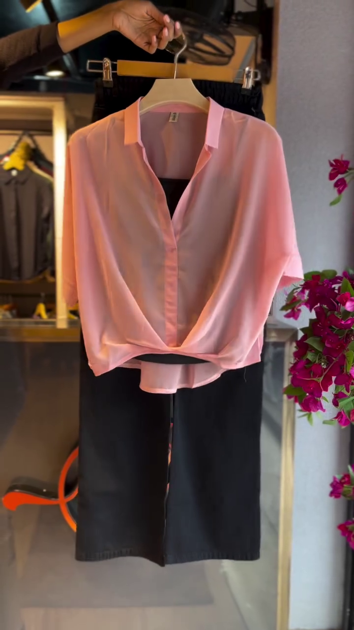 Sheer Blouse in Petal Pink & Slit Skirt in Midnight Black