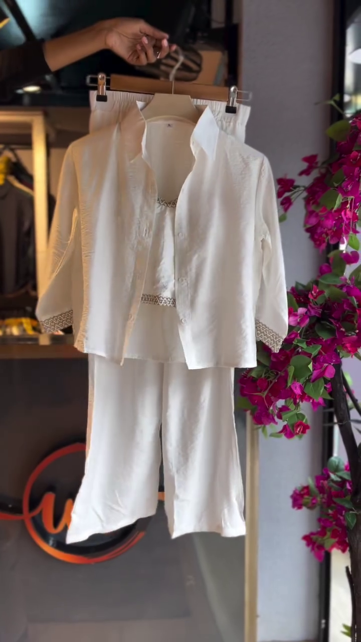 Lace Trimmed Shirt Set in Pearl White