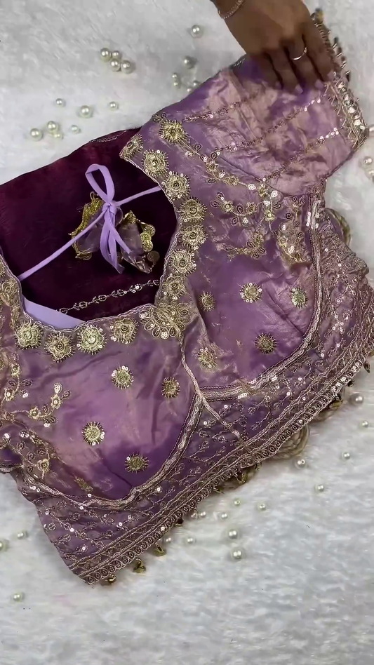 Lavender Lilac Scalloped Silk Designer Blouse with Golden Zari Work