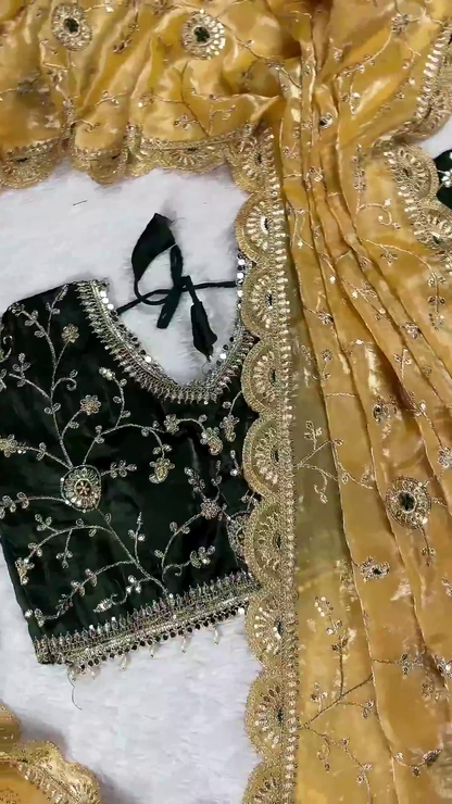 Emerald Green Velvet Gota Patti Designer Blouse with Scalloped Mustard Dupatta