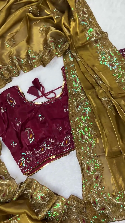 Wine Burgundy Silk Paisley Blouse with Olive Gold Shimmer Dupatta